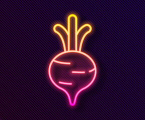 Obraz premium Glowing neon line Fresh beet with leaf icon isolated on black background. Natural Root. Vegetable Ingredient for food. Vector