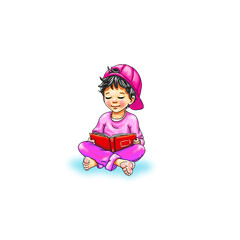 Junge Kleinkind Kind sitzen lächeln barfuß Schüler Teenager lachen Buch lesen Freude Schule Freizeit Hintergrund weiß Bildung Geschäft Vorlage freundlich Lockdown niedlich lernen Spaß Erkenntnis