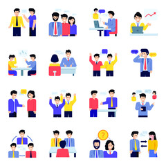 Flat Character Icons of Meetings, Discussion and Workplace

