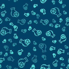 Green line Laboratory chemical beaker with toxic liquid icon isolated seamless pattern on blue background. Biohazard symbol. Dangerous symbol with radiation icon. Vector