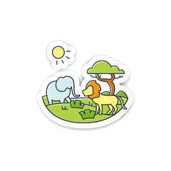 Savanna sticker icon. Living place for powerful predators. Grasslands biome badge for designs. Dangerous place. Lion, elephant, tiger vector emblem