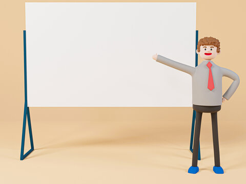 3D Cartoon characters businessman standing near projector screen and pointing something, Business teamwork concept - 3d illustration.
