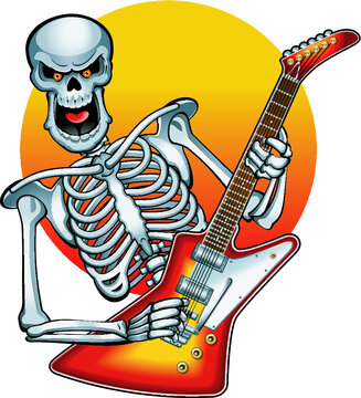 human skeleton playing on electric guitar