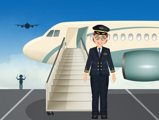 illustration of pilot man and airplane at the airport © adrenalinapura