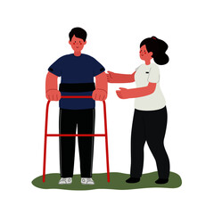 patient standing practice with physiotherapist cartoon character design, medical rehabilitation, physical therapy, cute cartoon illustration