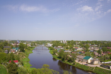 Tvertsa river in the cityscape. Torzhok, Tver region. Russia  