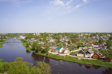 Tvertsa river in the cityscape. Torzhok, Tver region. Russia  