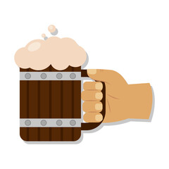 Isolated hand with a beer wooden glass with foam Vector illustration