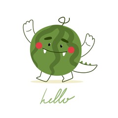 Cute hand drawn print with watermelon and phrase Hello in flat style. Vector illustration of watermelon