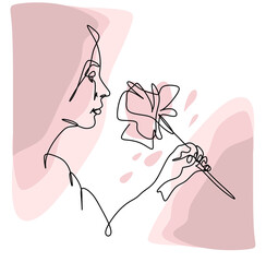 a close-up line drawing of a boho woman holding a flower. Spa services, beauty salon. Minimalism. T-shirt print, interior poster, creams and shampoos
