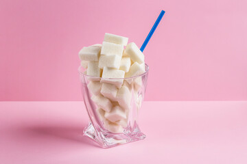 Sugar lumps in a glass with a tube. Dangerous food.
