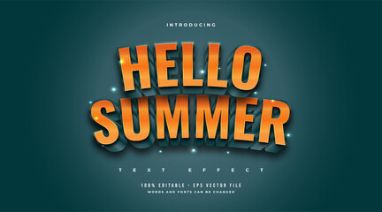 Hello Summer Text in Orange and Blue Cartoon Style with Embossed Effect. Editable Text Effect
