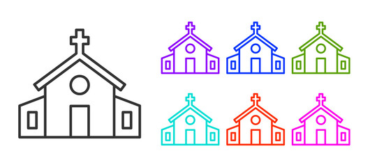 Black line Church building icon isolated on white background. Christian Church. Religion of church. Set icons colorful. Vector