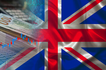 national flag of Great Britain on satin, dollar bills, computer, concept of global trading on the...