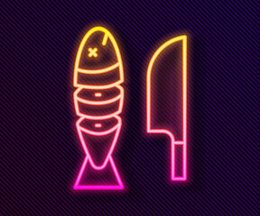 Glowing neon line Fish with sliced pieces with knife icon isolated on black background. Vector