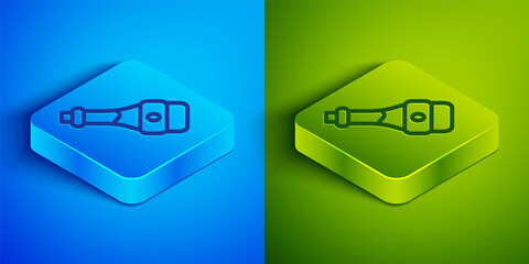 Isometric line Soy sauce bottle icon isolated on blue and green background. Square button. Vector