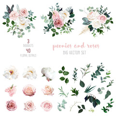 White peonies, blush and dusty pink roses, blooming freesia, eucalyptus, salal, pampas grass - obrazy, fototapety, plakaty