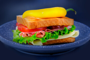 close-up of an appetizing sandwich with ripe tomato slices, green salad, cheese, ham, browned toasted toast on a plate, yellow pepper, quick snack concept, cooking fast food at home