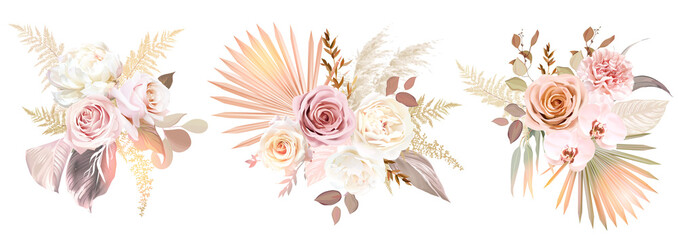 Trendy dried palm leaves, blush pink and rust rose, pale protea, white ranunculus
