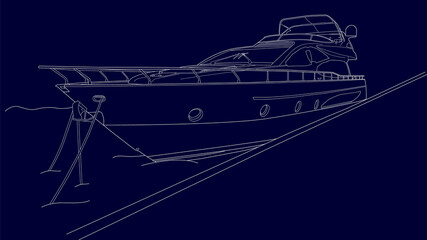 Cool stylish linear illustration of a beautiful sea yacht. Luxury water transport for the rich. Outline drawing for children's coloring book. Element, object, clipart for banner, poster, beach club