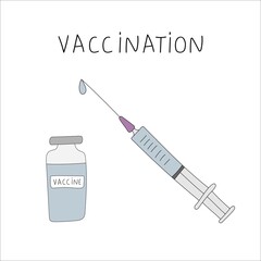 Vaccine vector illustration. Vector illustration with syringe with vaccine, bottle, vaccination.  For medical publications, immunization and vaccination campaign 