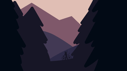 Beautiful minimalist abstract mountain landscape in shades of purple. Silhouette of a cyclist in a pine forest. Stylish dark background for presentation, banner, poster. Simple flat illustration