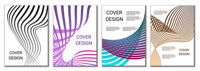 A set of 4 abstract covers. Wavy parallel gradient lines, ribbons evolve. Cover design, background. Trendy banner, poster.