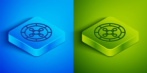 Isometric line Casino roulette wheel icon isolated on blue and green background. Square button. Vector