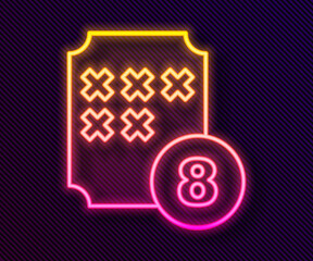 Glowing neon line Bingo or lottery ball on bingo card with lucky numbers icon isolated on black background. Vector