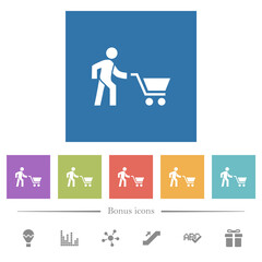 Shopping person with cart flat white icons in square backgrounds