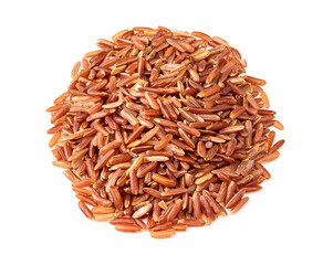 pile of raw red rice closeup on white