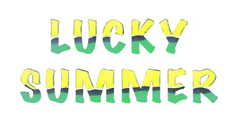 Lucky summer. Words for printing on textile or background. Letters of font look like markers in yellow, green, and grey colors. Soft pastel imitation
 
