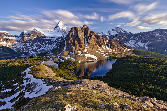 Mount Assiniboine with Magog, Sunburst and Cerulean lakes as seen from Nub Peak, British Columbia, Canada