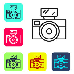 Black line Photo camera with lighting flash icon isolated on white background. Foto camera. Digital photography. Set icons in color square buttons. Vector