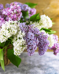 Lilac flower branches in wicker basket on concrete table near natural wooden wall background. Close up. Selective soft focus. Shallow depth of field. Text copy space.