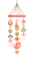 和風縁起物の吊るし雛の手描き水彩風イラスト
