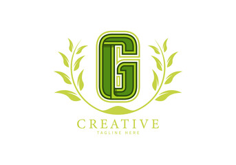 Letter G Monogram Logo with leaf ornament as a frame looks more natural, modern design, suitable for templates or brands.