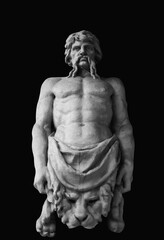 An ancient statue of Hercules is girded with Nemean lion skin.