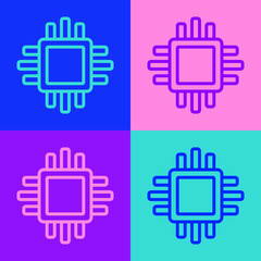 Pop art line Computer processor with microcircuits CPU icon isolated on color background. Chip or cpu with circuit board. Micro processor. Vector