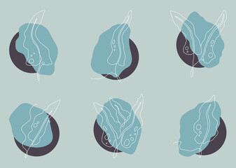 Set of abstract art concept composition with silhouettes leafs and geometric shape in minimal style. Design modern trendy background for print, poster, card, wallpaper. Botanical vector illustration.