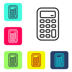 Black line Calculator icon isolated on white background. Accounting symbol. Business calculations mathematics education and finance. Set icons in color square buttons. Vector