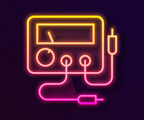 Glowing neon line Ampere meter, multimeter, voltmeter icon isolated on black background. Instruments for measurement of electric current. Vector