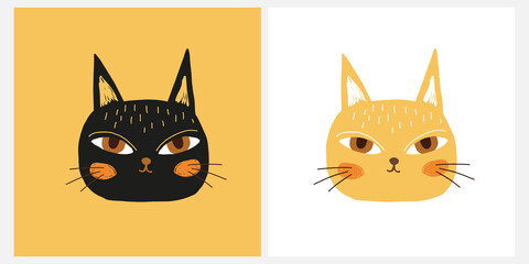 Cute Hand Drawn Vector Illustration with Black and Yellow Cats. Lovely Nursery Art with Funny Kitty. Simple Abstract Print ideal for Card, Wall Art, Poster, Cat Lovers.