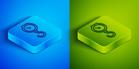Isometric line Hand scale spring mechanical icon isolated on blue and green background. Square button. Vector