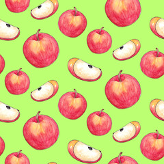 Hand drawn watercolor seamless pattern with Natural ripe fruit - Apple