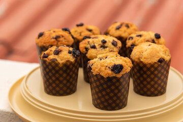 Homemade chocolate chip and raisin muffins.