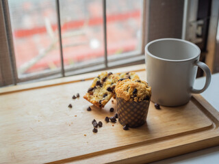Homemade chocolate chip and raisin muffins.
