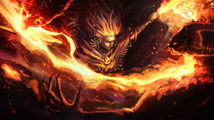 The fire warrior shaman cuts off the heads of his demon enemies with a wide sweep of his paired fire swords, leaving a beautiful fiery splash. 2d illustration.