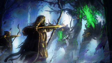 Forest elf archers fight against the forest maddened trees, from which green poison oozes, they shoot them with magical glowing arrows. 2d illustration.
