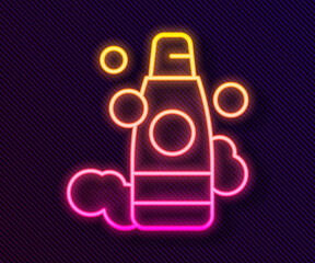 Glowing neon line Bottle of shampoo icon isolated on black background. Vector